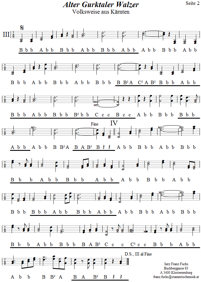 Alter Gurktaler Walzer, Seite 2, in Griffschrift fr Steirische Harmonika. 
Bitte klicken, um die Melodie zu hren.