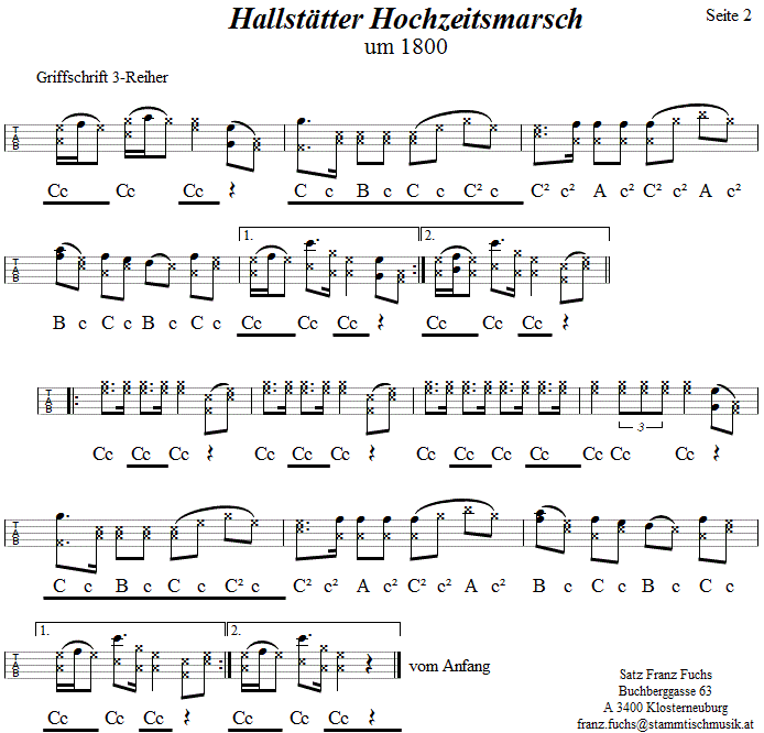 Hallstätter Hochzeitsmarsch 2 in Griffschrift für Steirische Harmonika. 
Bitte klicken, um die Melodie zu hören.