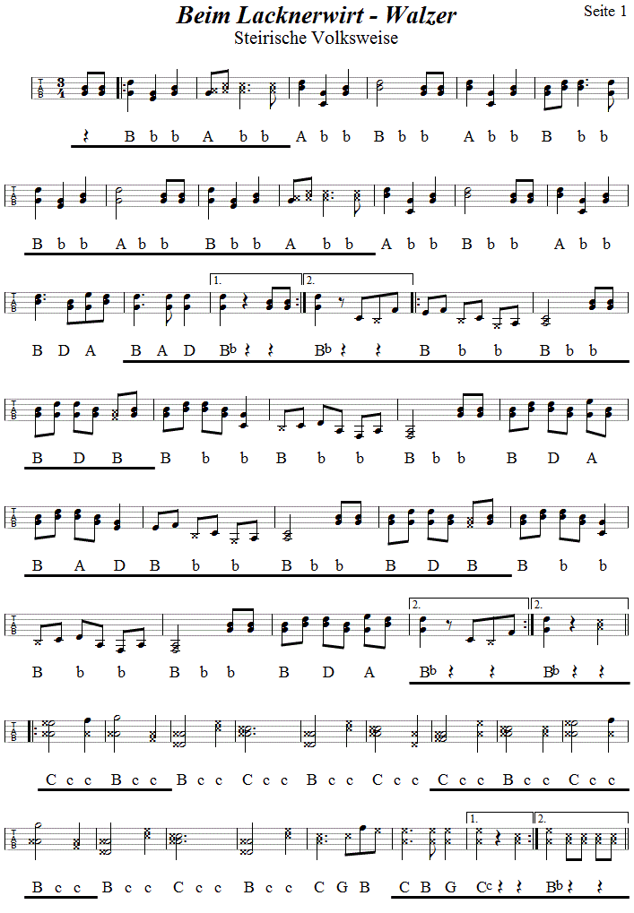 Beim Lacknerwirt, Walzer, Seite 1 in Griffschrift fr Steirische Harmonika.| 
Bitte klicken, um die Melodie zu hren.