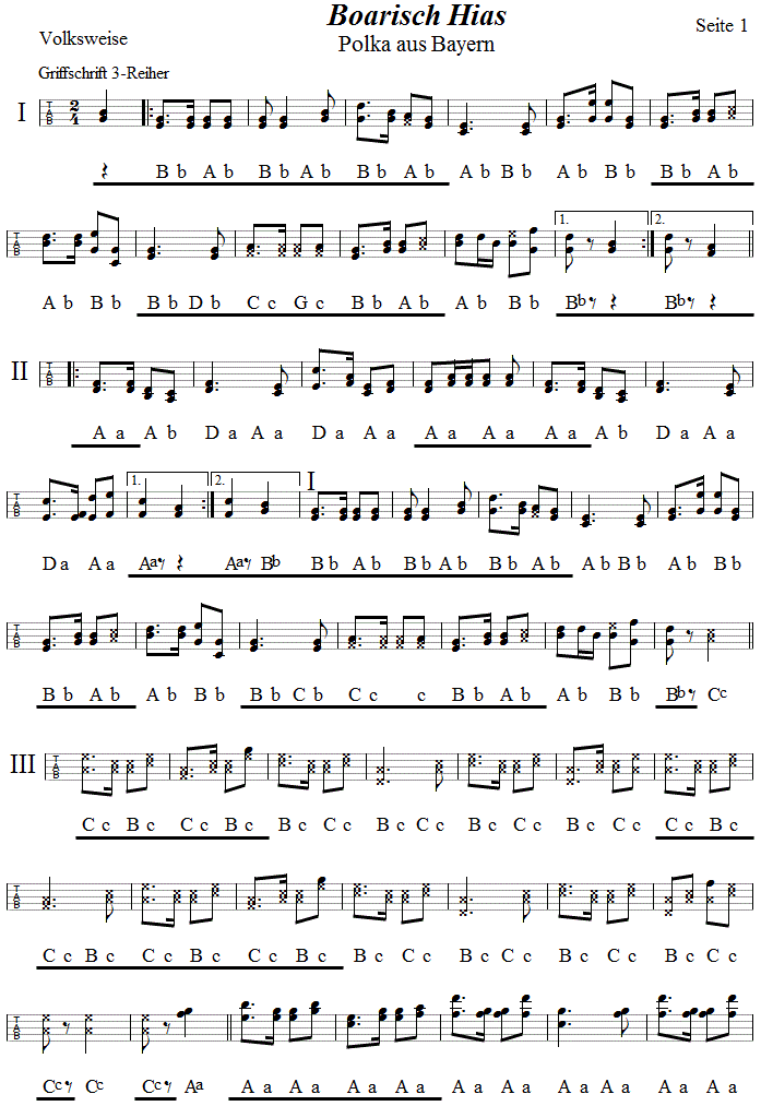 Boarisch Hias Polka, Seite 1, in Griffschrift fr Steirische Harmonika