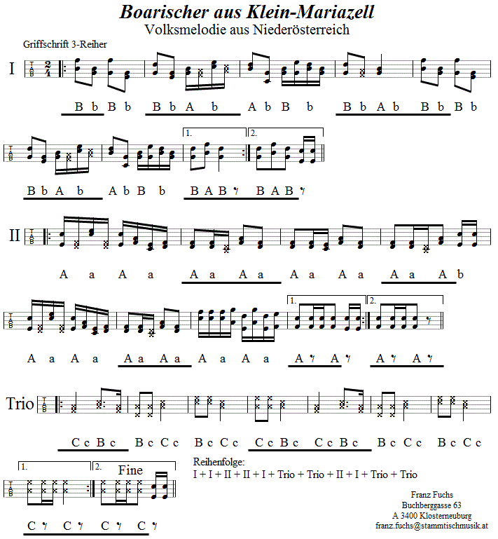 Boarischer aus Kleinmariazell in Griffschrift für Steirische Harmonika. 
Bitte klicken, um die Melodie zu hören.