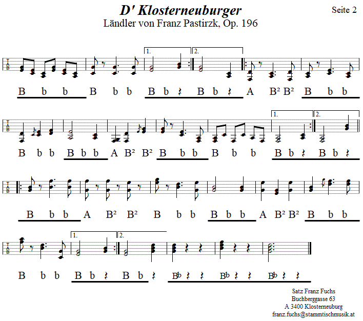 D' Klosterneuburger, Lndler von Franz Pastirzk, Seite 2, in Griffschrift fr Steirische Harmonika. 
Bitte klicken, um die Melodie zu hren.