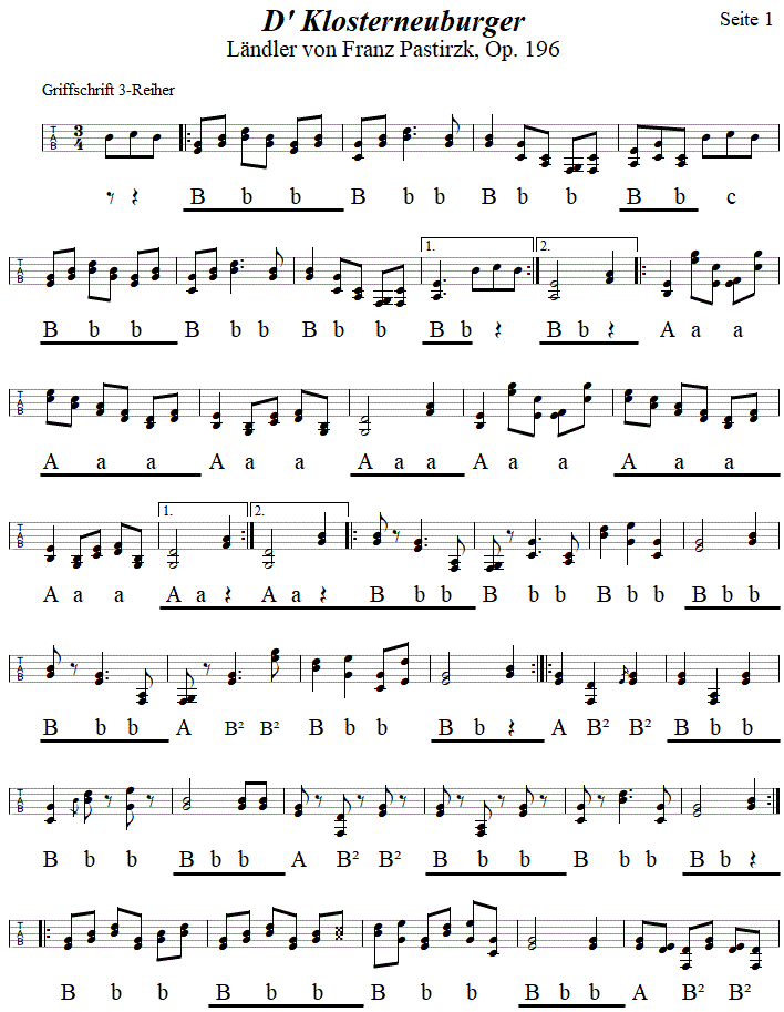 D' Klosterneuburger, Lndler von Franz Pastirzk, Seite 1, in Griffschrift fr Steirische Harmonika. 
Bitte klicken, um die Melodie zu hren.