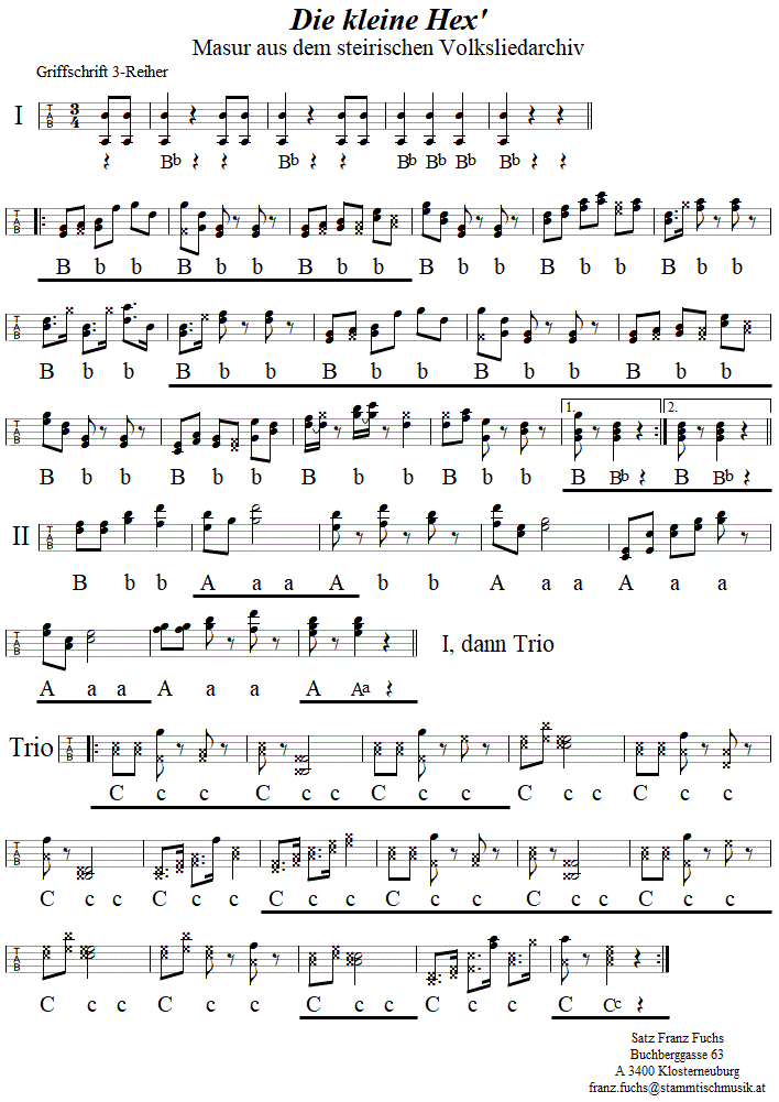 Die kleine Hex, Masur in Griffschrift fr Steirische Harmonika. 
Bitte klicken, um die Melodie zu hren.