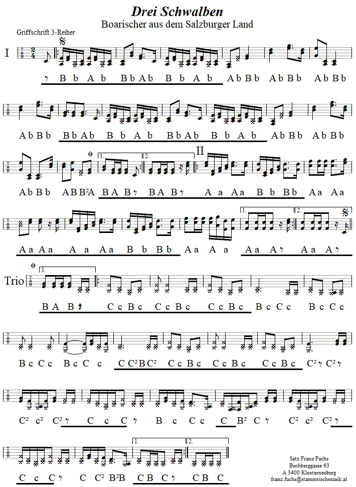 Drei Schwalben Boarisch in Griffschrift fr Steirische Harmonika. 
Bitte klicken, um die Melodie zu hren.