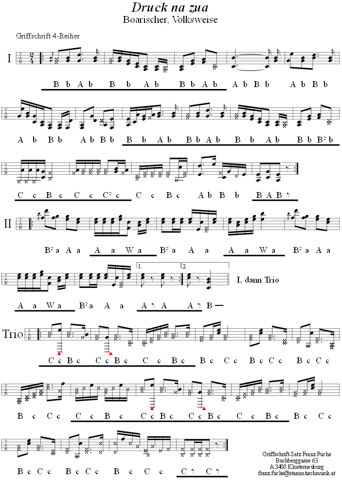Druck na zua, Boarischer in Griffschrift fr Steirische Harmonika. 
Bitte klicken, um die Melodie zu hren.