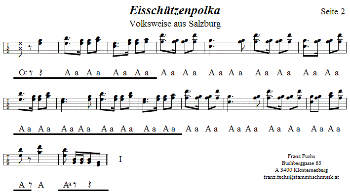 Eisschützenpolka, Seite 2 in Griffschrift für Steirische Harmonika.| 
Bitte klicken, um die Melodie zu hören.