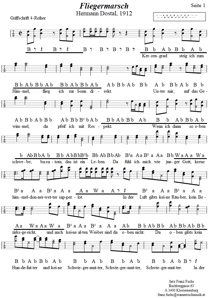 Fliegermarsch von Hermann Dostal, Seite 1,  in Griffschrift fr Steirische Harmonika. 
Bitte klicken, um die Melodie zu hren.
