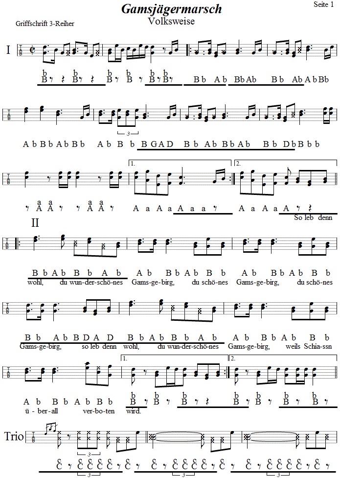 Gamsjägermarsch in Griffschrift für Steirische Harmonika. 
Bitte klicken, um die Melodie zu hören.