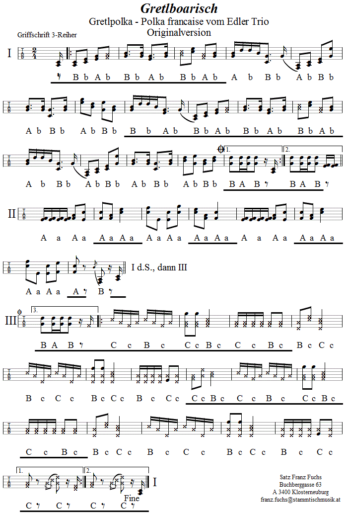 Gretlpolka - Boarisch, Originalversion des Edler Trio, in Griffschrift für steirische Harmonika. 
Bitte klicken, um die Melodie zu hören.