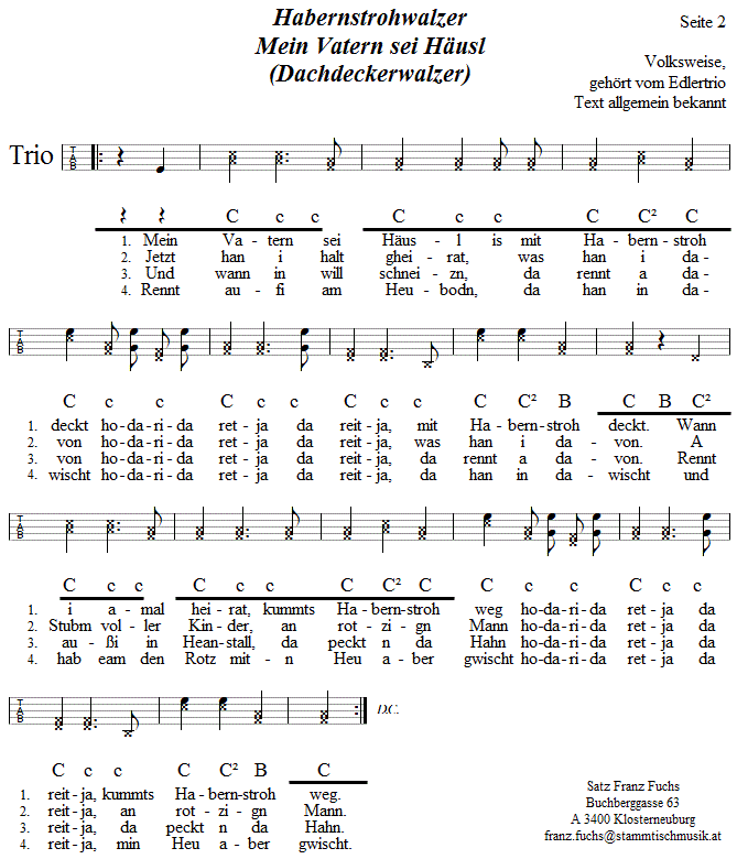 Habernstrohwalzer in Griffschrift für Steirische Harmonika, Seite 2. 
Bitte klicken, um die Melodie zu hören.