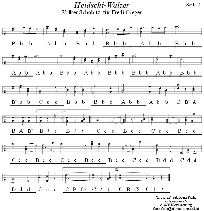 Heidschi-Walzer von Volker Schbitz, Seite 2, in Griffschrift fr Steirische Harmonika. 
Bitte klicken, um die Melodie zu hren.