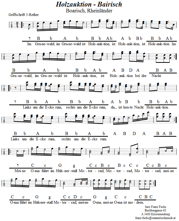 Holzauktion in Griffschrift für Steirische Harmonika. 
Bitte klicken, um die Melodie zu hören.