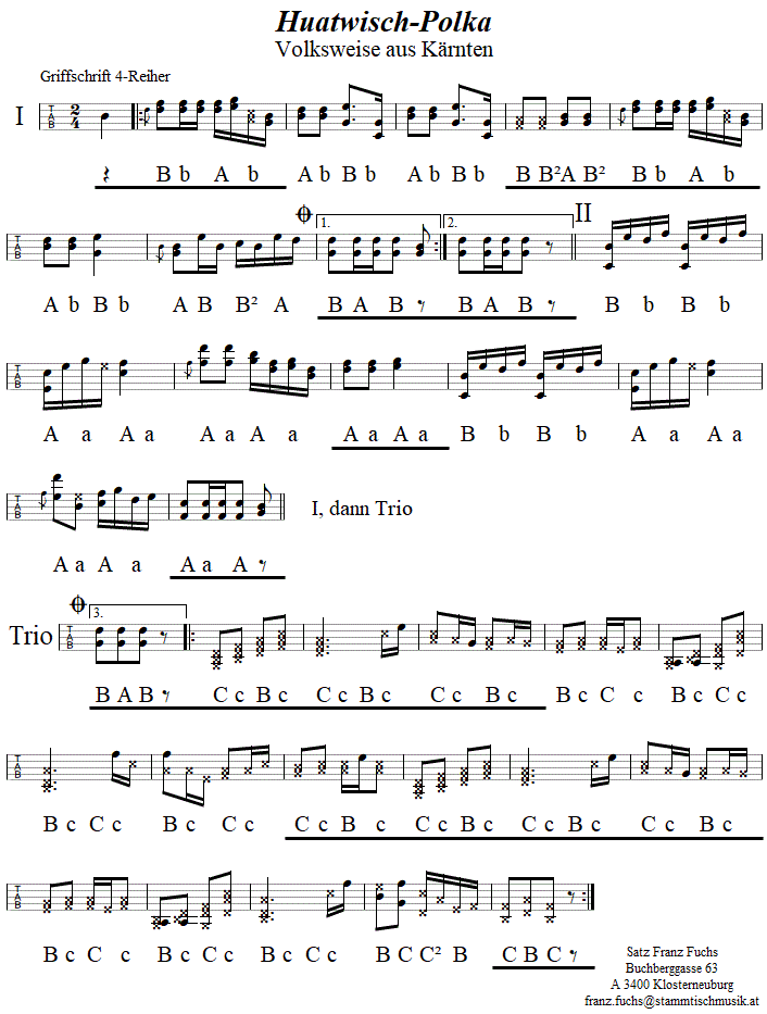 Huatwisch-Polka (Polka aus Krnten), in Griffschrift fr Steirische Harmonika.| 
Bitte klicken, um die Melodie zu hren.