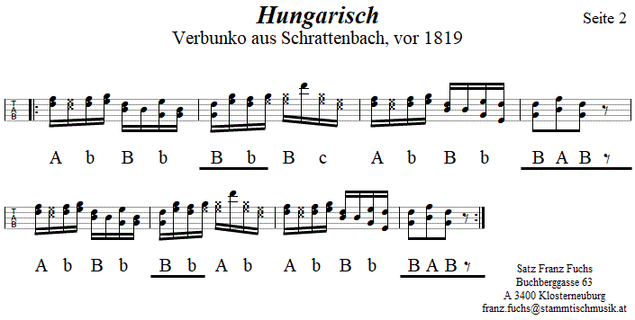 Hungarisch in Griffschrift fr Steirische Harmonika, Seite 2. 
Bitte klicken, um die Melodie zu hren.