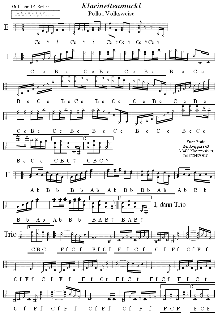 Klarinettenmuckl in Griffschrift für steirische Harmonika. 
Bitte klicken, um die Melodie zu hören.
