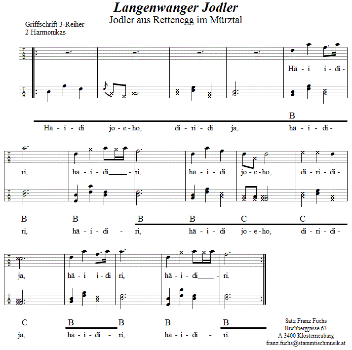 Langenwanger Jodler - in Griffschrift für zwei Steirische Harmonikas. 
Bitte klicken, um die Melodie zu hören.