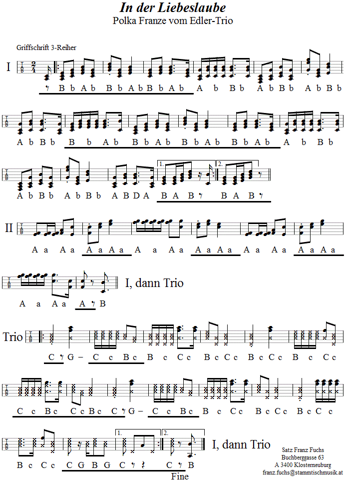 In der Liebeslaube, Polka Franze in Griffschrift für steirische Harmonika. 
Bitte klicken, um die Melodie zu hören.