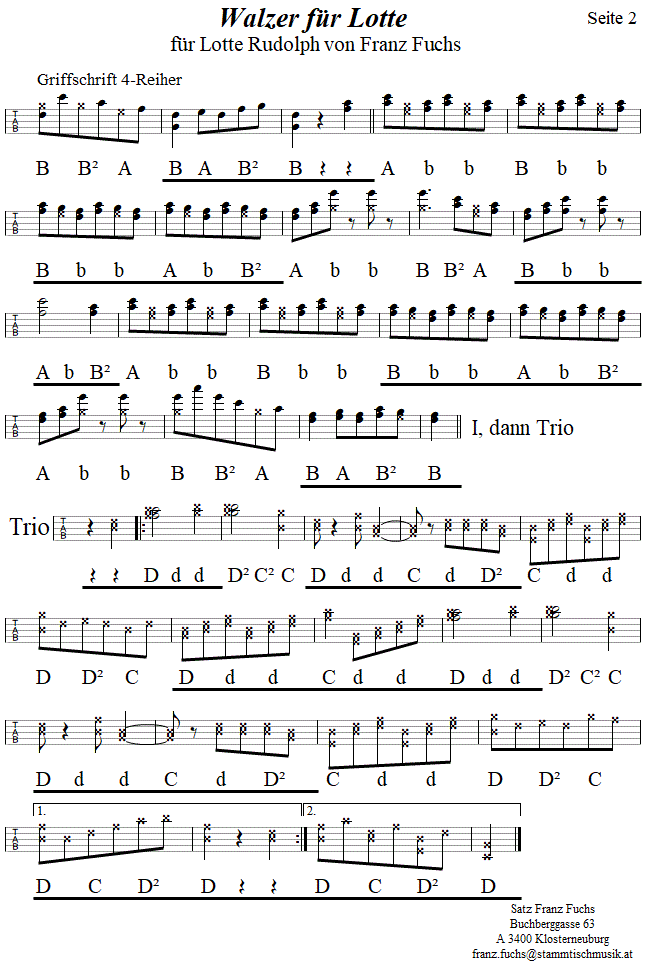 Walzer fr Lotte, Seite 2 von Franz Fuchs, in Griffschrift fr Steirische Harmonika. 
Bitte klicken, um die Melodie zu hren.