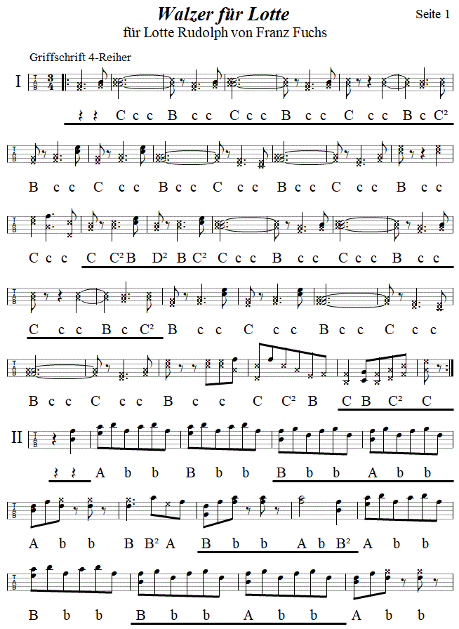 Walzer fr Lotte von Franz Fuchs, Seite 1, in Griffschrift fr Steirische Harmonika. 
Bitte klicken, um die Melodie zu hren.