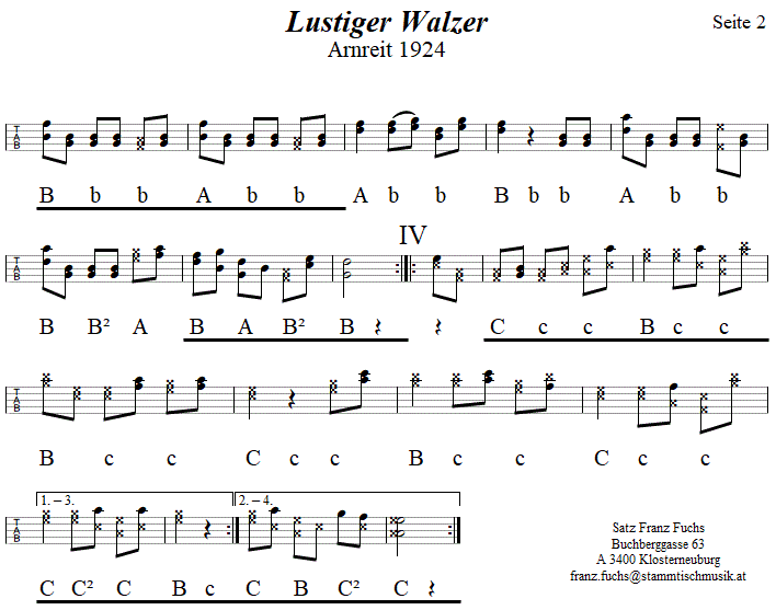 Lustiger Walzer aus Arnreit in Griffschrift fr Steirische Harmonika, Seite 2. 
Bitte klicken, um die Melodie zu hren.