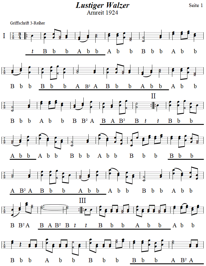 Lustiger Walzer aus Arnreit in Griffschrift fr Steirische Harmonika, Seite 1. 
Bitte klicken, um die Melodie zu hren.