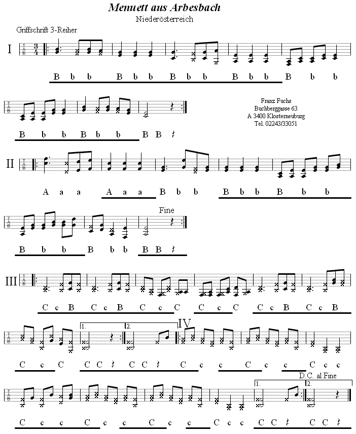 Menuett aus Arbesbach in Griffschrift für Steirische Harmonika. 
Bitte klicken, um die Melodie zu hören.