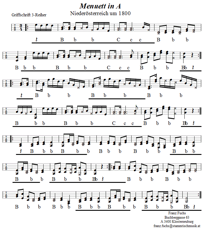 Menuett in A in Griffschrift für Steirische Harmonika. 
Bitte klicken, um die Melodie zu hören.