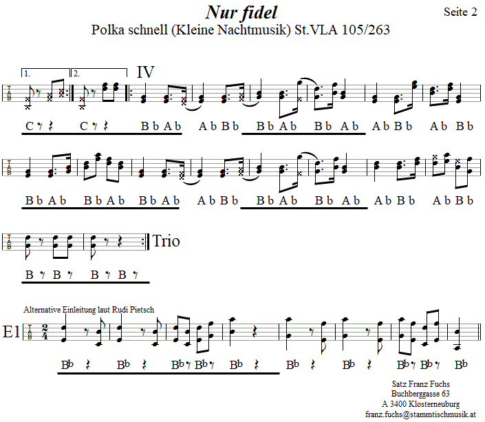 Nur fidel - Polka schnell, Seite 2, in Griffschrift fr Steirische Harmonika. 
Bitte klicken, um die Melodie zu hren.