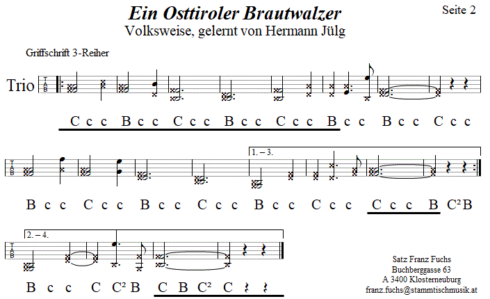 Ein Osttiroler Brautwalzer in zweistimmigen Noten, Seite 2. 
Bitte klicken, um die Melodie zu hören.