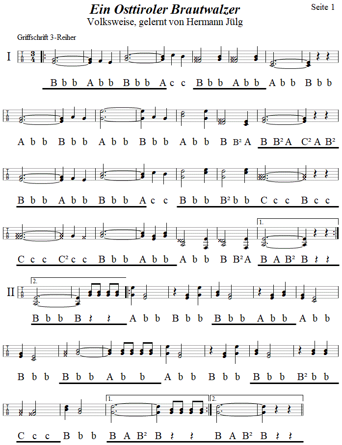Ein Osttiroler Brautwalzer in zweistimmigen Noten, Seite 1. 
Bitte klicken, um die Melodie zu hören.