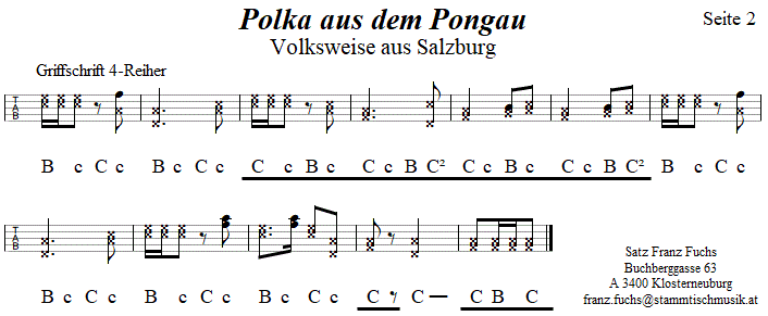 Polka aus dem Pongau, Seite 2, in Griffschrift für Steirische Harmonika. 
Bitte klicken, um die Melodie zu hören.