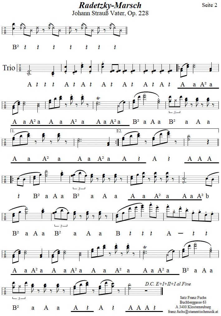 Radetzkymarsch von Johann Strau Vater, Seite 2 in Griffschrift fr Steirische Harmonika. 
Bitte klicken, um die Melodie zu hren.