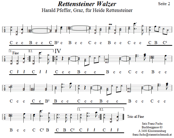 Rettensteiner Walzer, Seite 2, in Griffschrift für Steirische Harmonika. 
Bitte klicken, um die Melodie zu hören.
