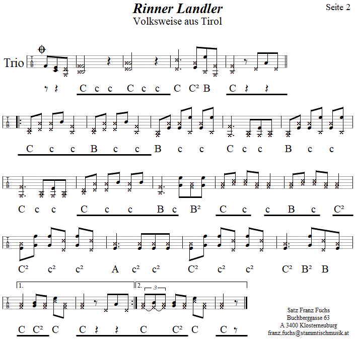 Rinner Landler in Griffschrift für Steirische Harmonika, Seite 2. 
Bitte klicken, um die Melodie zu hören.