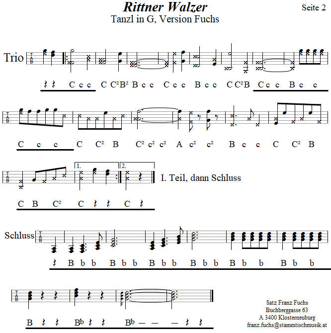 Rittner Walzer 1, Seite 2, in Griffschrift fr Steirische Harmonika. 
Bitte klicken, um die Melodie zu hren.