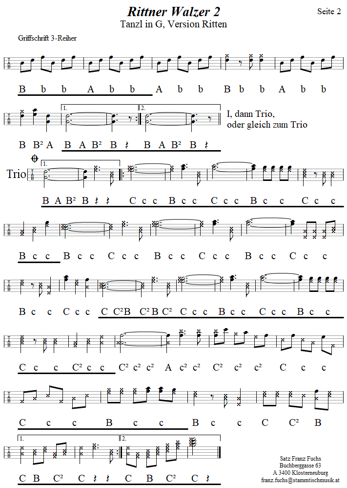Rittner Walzer 2, Seite 2, in Griffschrift fr Steirische Harmonika. 
Bitte klicken, um die Melodie zu hren.