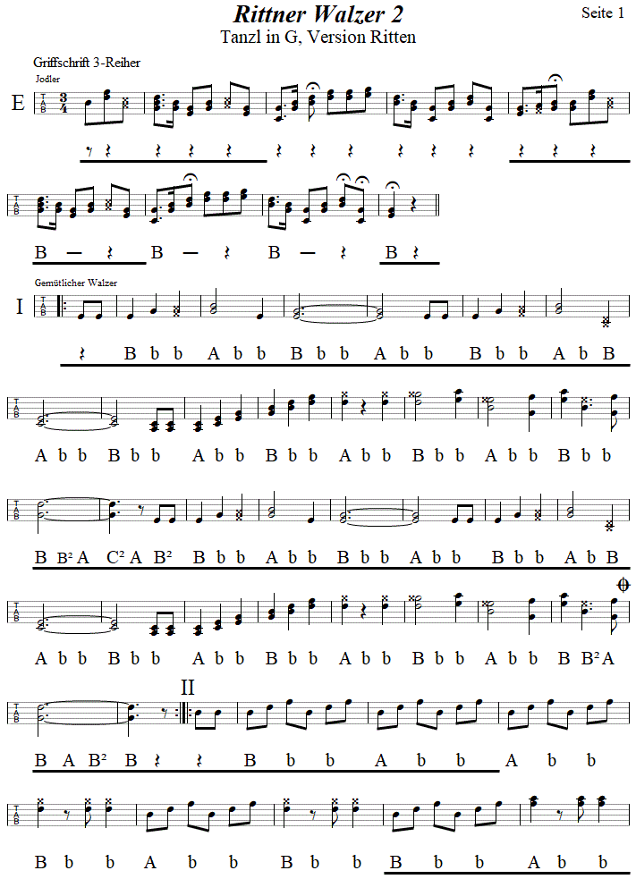 Rittner Walzer 2, Seite 1, in Griffschrift fr Steirische Harmonika. 
Bitte klicken, um die Melodie zu hren.