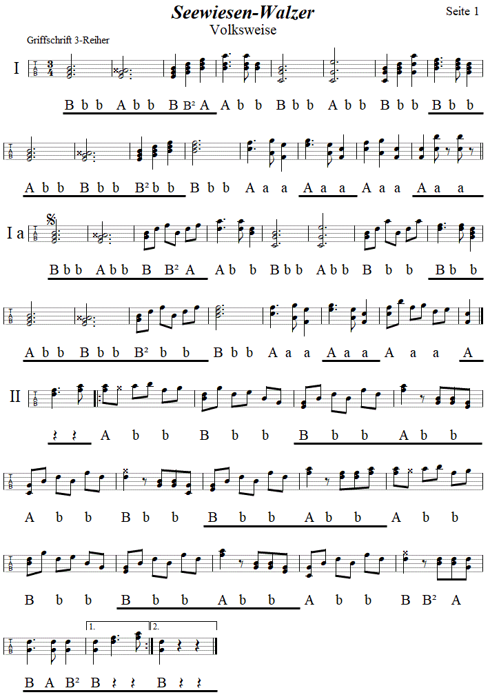 Seewiesenwalzer, Seite 1, in Griffschrift fr Steirische Harmonika. 
Bitte klicken, um die Melodie zu hren.