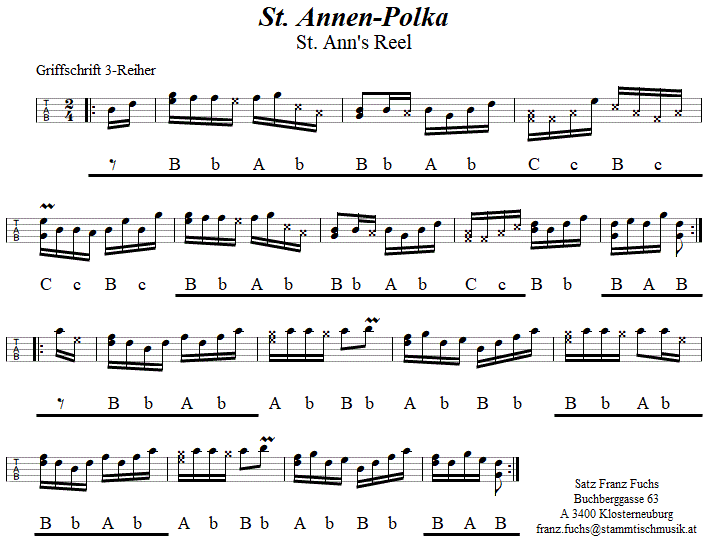 St. Annen-Polka (St. Ann's Reel) in Griffschrift fr Steirische Harmonika. 
Bitte klicken, um die Melodie zu hren.