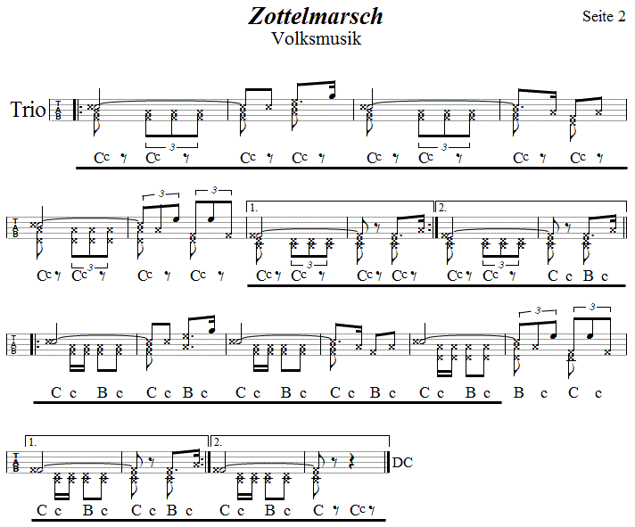 Zottelmarsch, Seite 2  in Griffschrift fr Steirische Harmonika. 
Bitte klicken, um die Melodie zu hren.