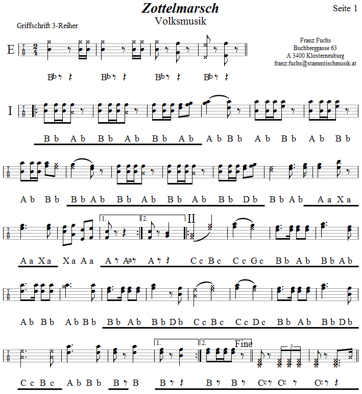 Zottelmarsch, Seite 1 in Griffschrift fr Steirische Harmonika. 
Bitte klicken, um die Melodie zu hren.