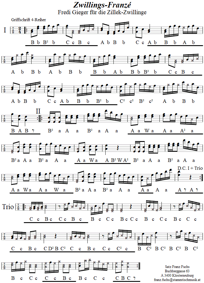 Zwillings-Franz von Alfred Gieger in Griffschrift fr Steirische Harmonika. 
Bitte klicken, um die Melodie zu hren.