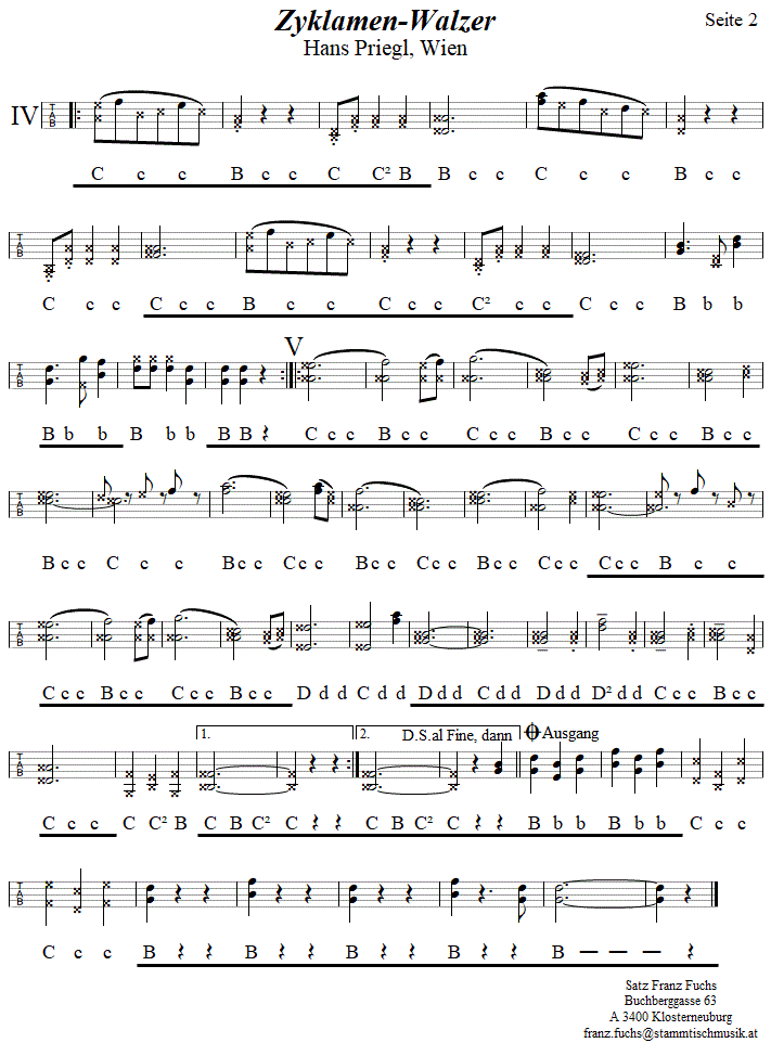 Zyklamen-Walzer von Hans Priegl, Seite 2, in Griffschrift fr Steirische Harmonika.| 
Bitte klicken, um die Melodie zu hren.