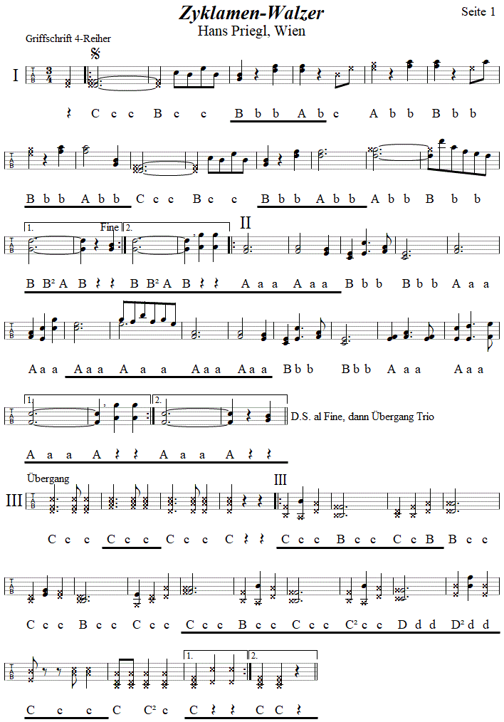 Zyklamen-Walzer von Hans Priegl in Griffschrift fr Steirische Harmonika, Seite 1.| 
Bitte klicken, um die Melodie zu hren.