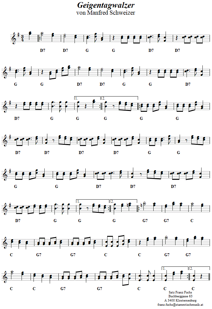 Geigentagwalzer von Manfred Schweizer in zweistimmigen Noten, Seite 1. 
Bitte klicken, um die Melodie zu hören.