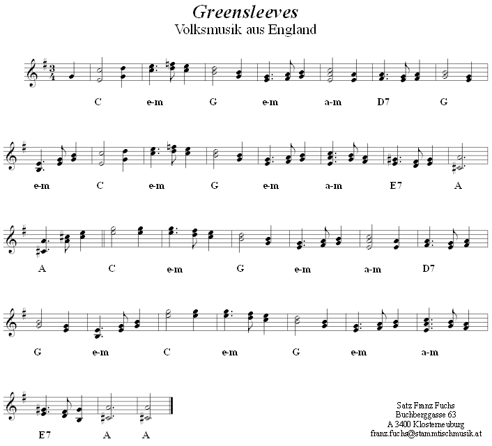 Greensleeves in zweistimmigen Noten. 
Bitte klicken, um die Melodie zu hören.