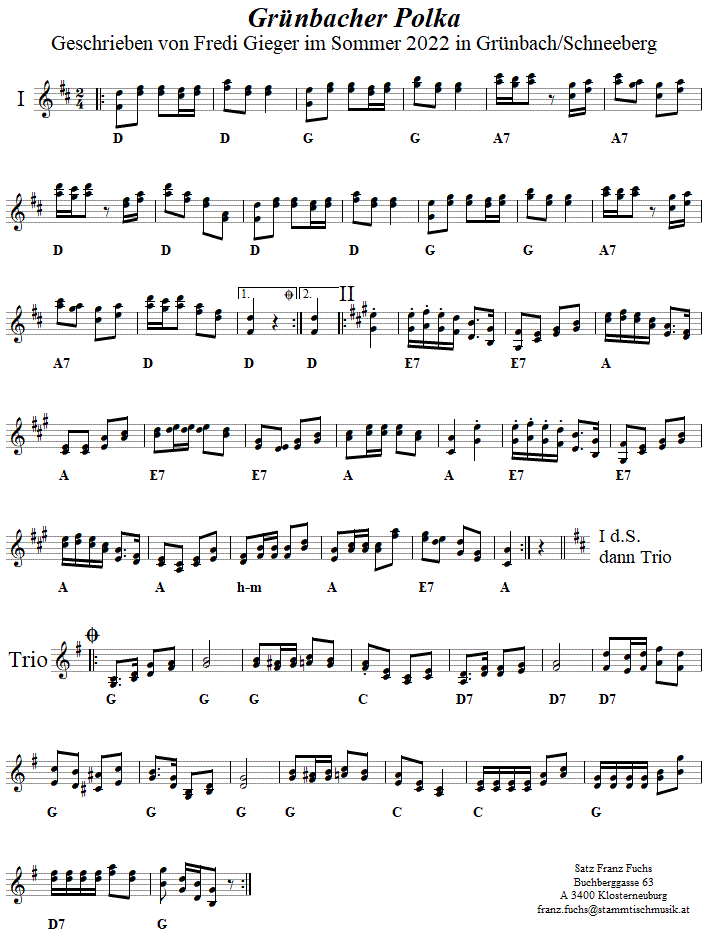 Grünbacher Polka von Fredi Gieger, in zweistimmigen Noten. 
Bitte klicken, um die Melodie zu hören.