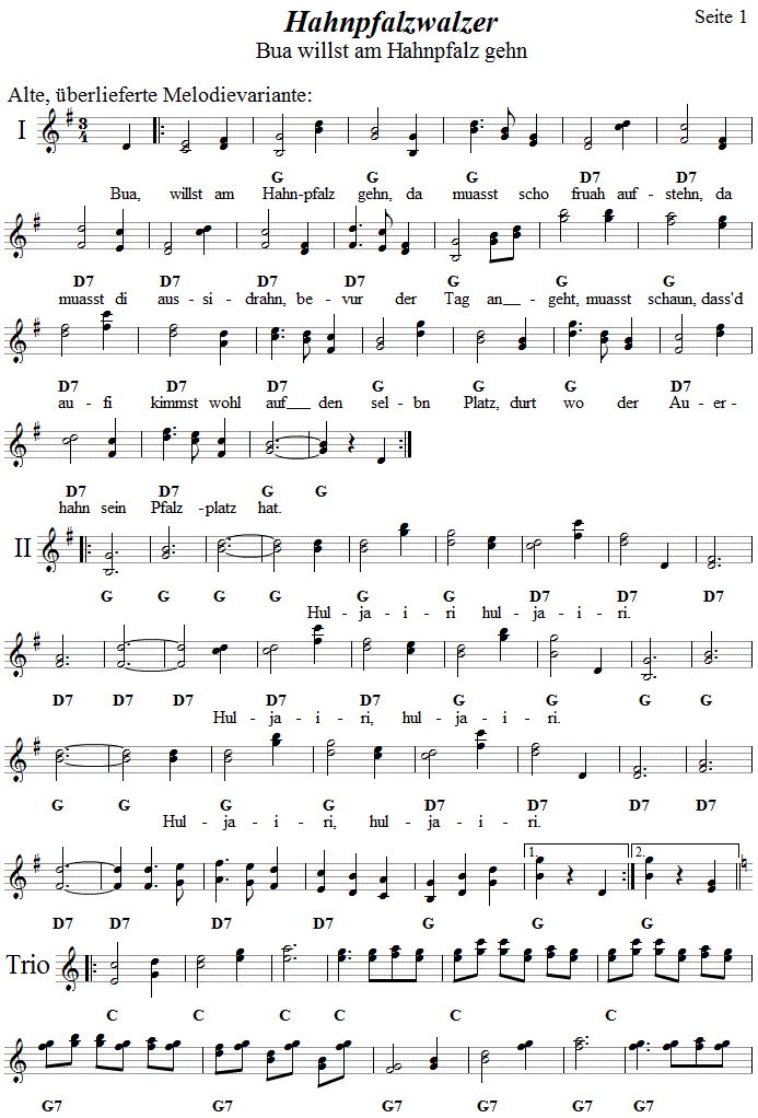 Hahnpfalzwalzer in zweistimmigen Noten, Seite 1. 
Bitte klicken, um die Melodie zu hören.