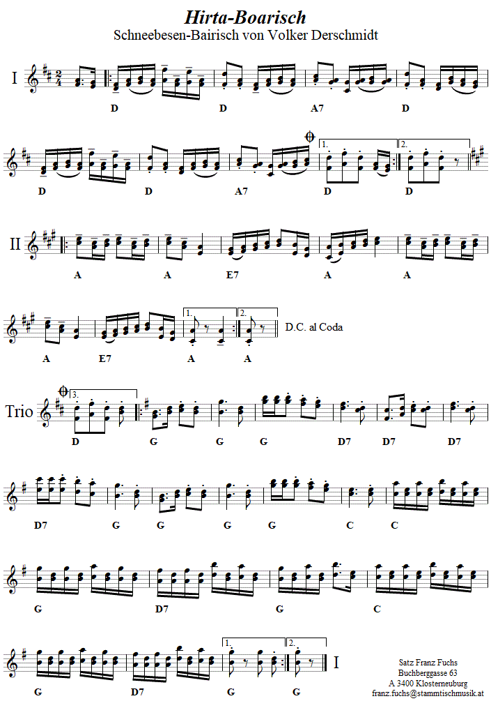 Hirta-Boarisch (Schneebesen-Bairisch) in zweistimmigen Noten. 
Bitte klicken, um die Melodie zu hören.